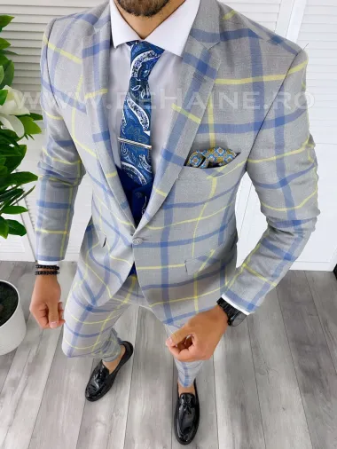 Costum barbati slim fit + Vesta bleumarin B5385 